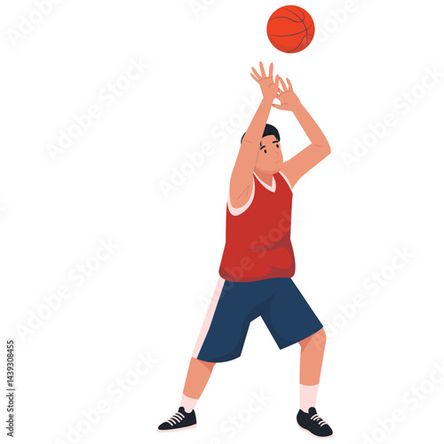 Basketball Pose Illustration. Vector illustration of A basketball player jumping to shoot the ball with both hands extended overhead. Isolated on background