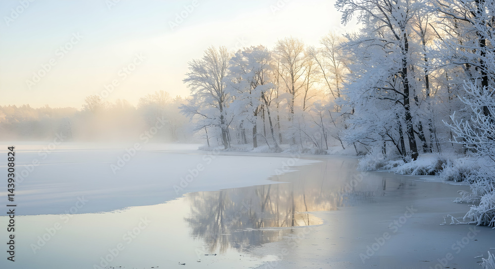 Winter Wonderland Scenic Frozen River Landscape with Snow Covered Trees and Misty Sunrise Reflections Winter Wonderland Scenic Frozen River Landscape with Snow Covered Trees and Misty Sunrise Reflections