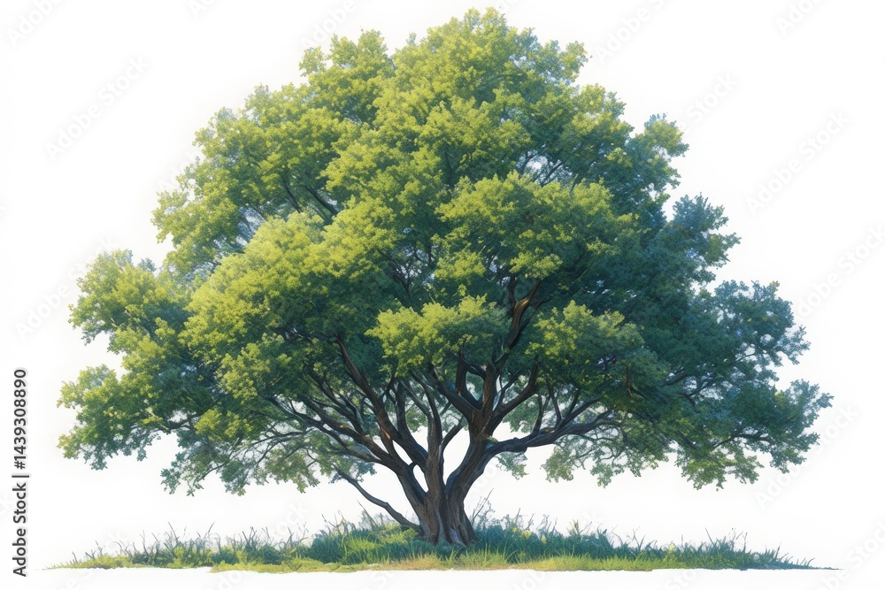 Fototapeta premium Lush, green deciduous tree on a small patch of grass, isolated on white