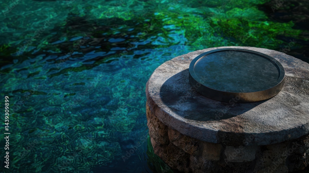 Fototapeta premium Empty Round Plate on Stone Platform in Turquoise Water