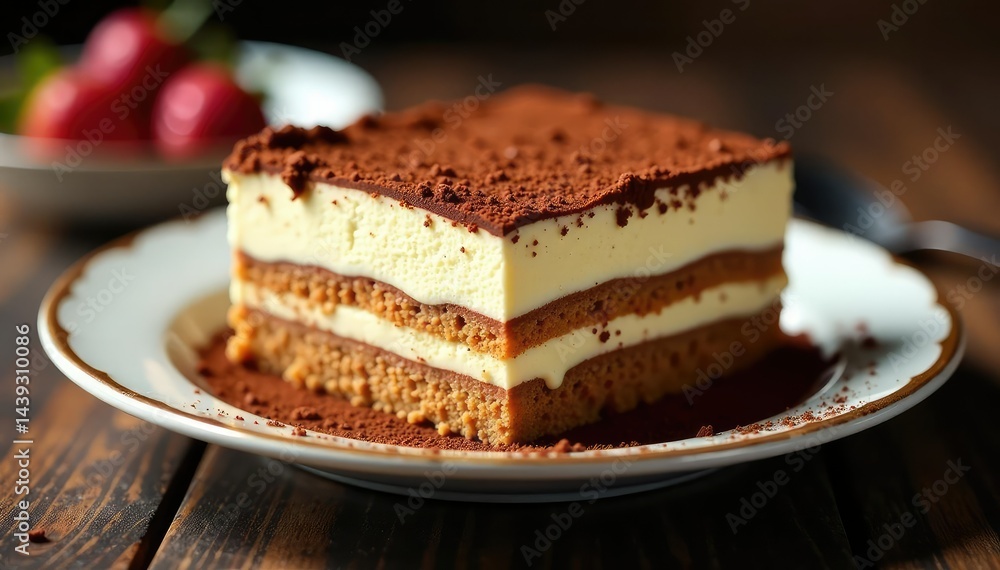 Rich, decadent tiramisu; cocoa dusting, visible layers , ladyfingers, white background Rich, decadent tiramisu; cocoa dusting, visible layers , ladyfingers, white background