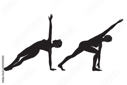 Yoga Peaceful Warrior Asana and Handstand Scorpion Pose. Man Practicing Yoga Asana. Vector Silhouette Illustration on White Background