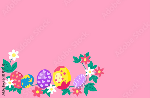 Colorful Easter eggs decorated with floral elements on a pink background. A cute and festive vector design perfect for Easter greeting cards, social media, or seasonal decoration