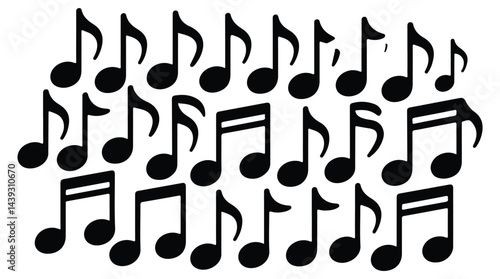 Silhouette of black musical notes and symbols in an abstract pattern.