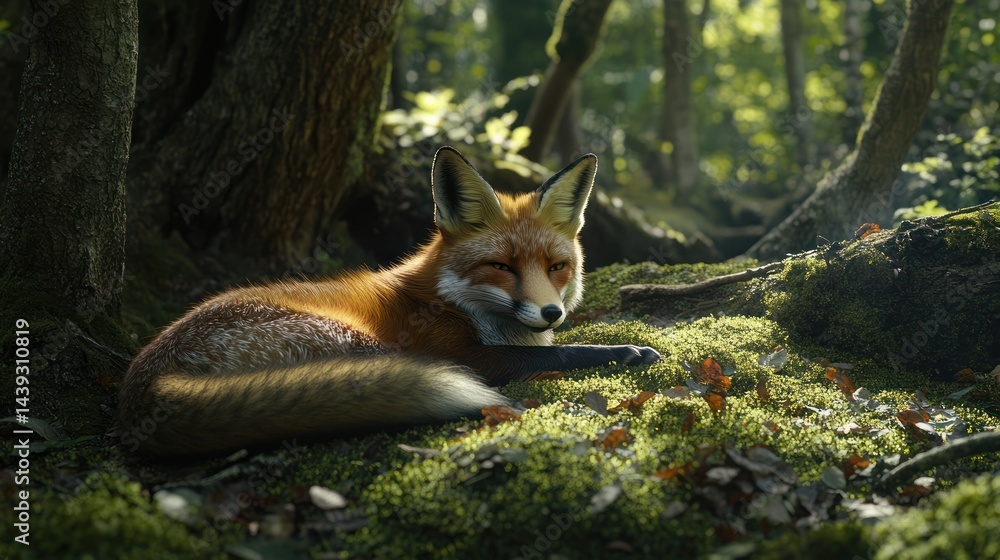 Fototapeta premium Red fox resting on mossy forest floor, sunlit trees