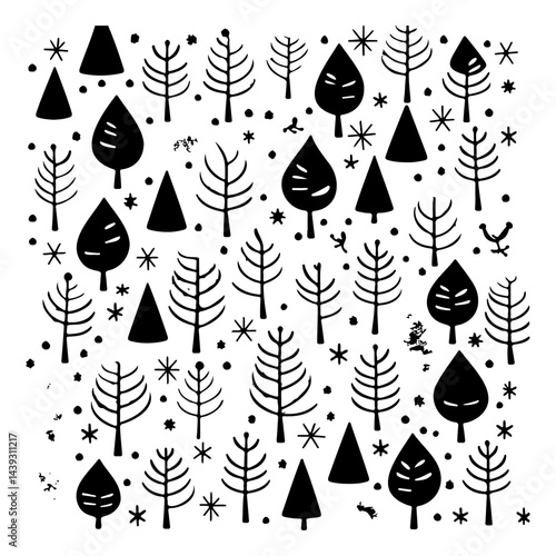 Whimsical arboreal arrangement of hand-drawn trees with snowy accents