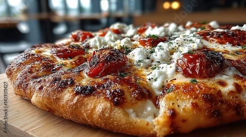 Close-up of vegetarian pizza with cherry tomatoes and mozzarella, expressing fresh and simple Italian flavors.