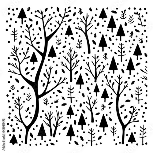 A minimalist stylized forest featuring diverse tree shapes and scattered embellishments