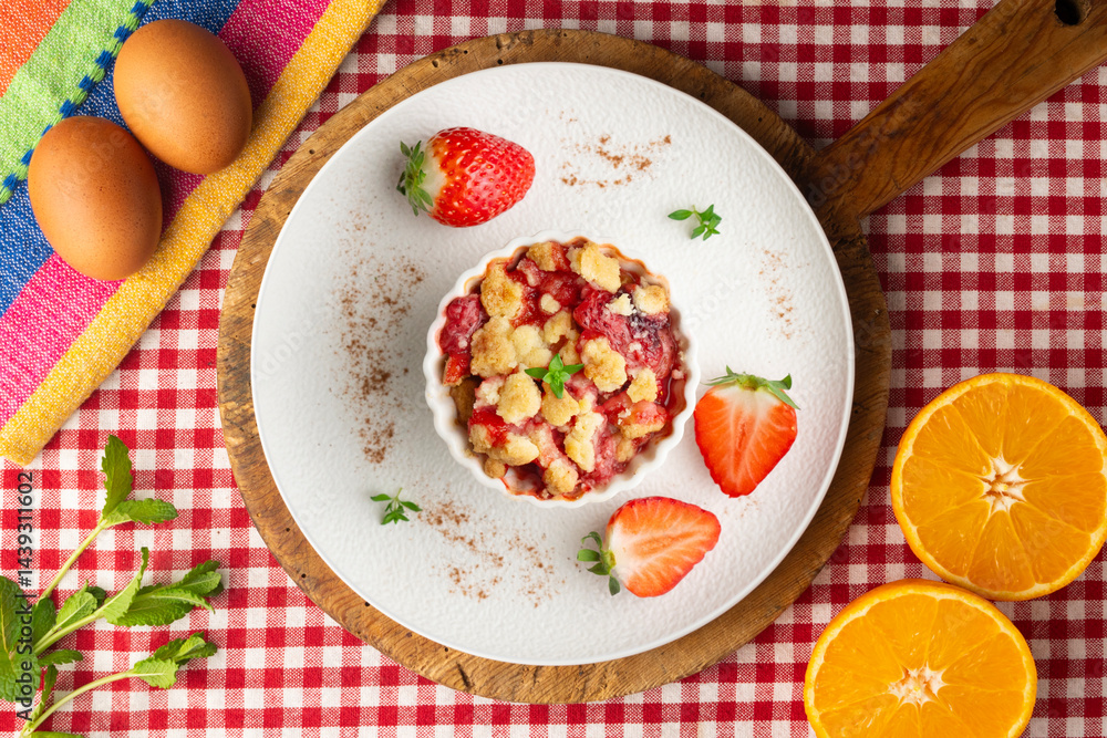 Individual baked strawberry crumble. Top view table. Individual baked strawberry crumble. Top view table.