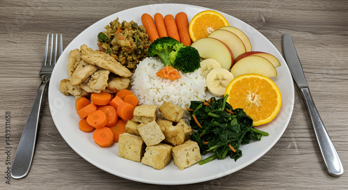 Balanced Plate: Chicken, Tofu, Rice, & Rainbow of Fruits & Veggies