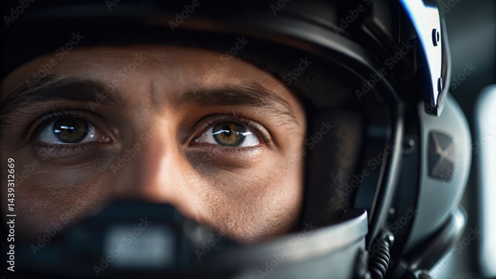 Close up of pilot controls in facility showing focused eyes on production line with intense concentration and safety helmet Close up of pilot controls in facility showing focused eyes on production line with intense concentration and safety helmet