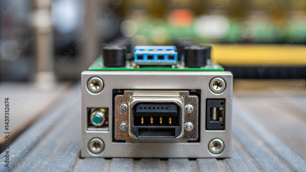 Fototapeta premium Close up of production line control facility component with electronic connectors and metal casing in manufacturing environment