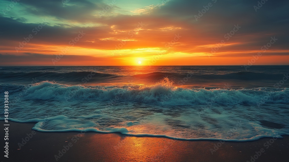 Stunning ocean sunset landscape with waves crashing on sandy beach sea sky blue calm view foam water Stunning ocean sunset landscape with waves crashing on sandy beach sea sky blue calm view foam water