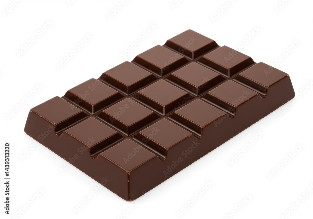 Single bar of dark chocolate with square sections on a white background Single bar of dark chocolate with square sections on a white background