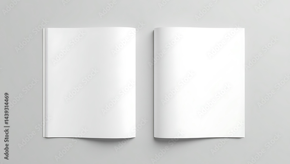 Minimalist Magazine Layout Clean, Symmetrical Design with Blank Pages on Neutral Gray Background Minimalist Magazine Layout Clean, Symmetrical Design with Blank Pages on Neutral Gray Background