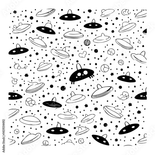Whimsical ufo pattern with scattered cosmic elements and simple black outlines