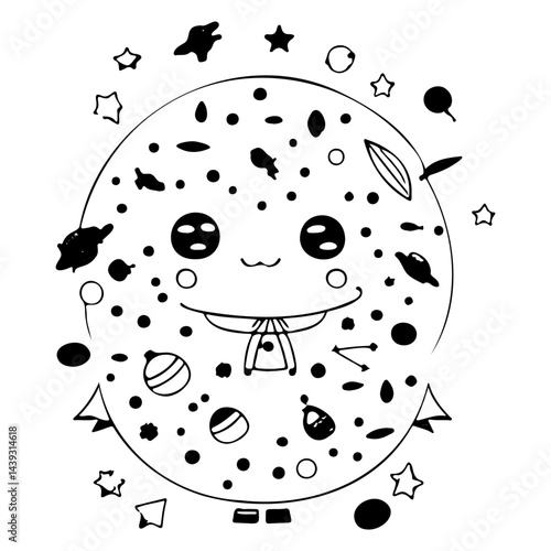 Whimsical celestial character illustration with abstract space elements