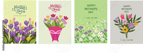 Happy Mother's Day card, banner, poster, flyer, label or cover with wild flowers, Narcissus flower Floral, can be used for Valentine's day, holiday templates, Women's Day, birthday, Easter decor, web,