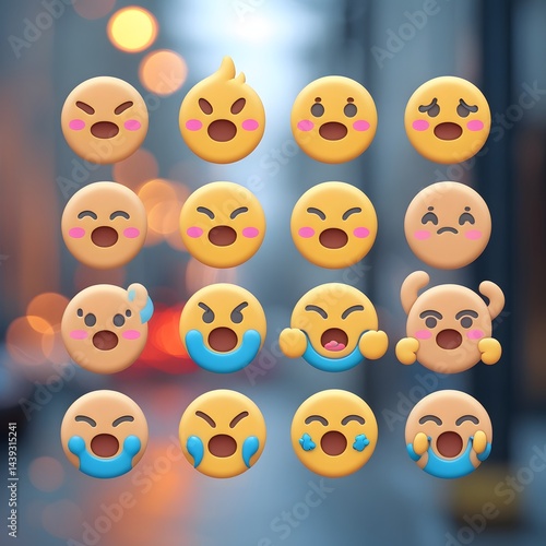 Emoji images express various emotions. Various emoticon emoji badges on blue background