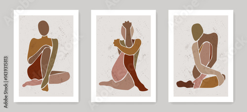 Abstract Wall Art Template Set Woman Body in Trendy Hand Drawn Style. Female Silhouette Vector Background Minimalist Bohemian Style for Wall Art, Social Media, Banners, Posters, Cards, Prints.