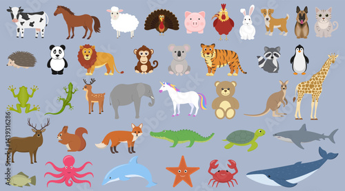 A lively collection of colorful cartoon animals, perfect for childrens projects and different designs. Vector illustration