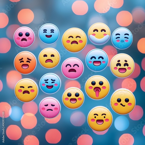 Emoji images express various emotions. Various emoticon emoji badges on blue background