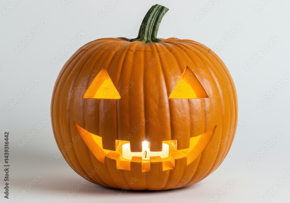Illuminated jack-o'-lantern with triangular eyes and a toothy grin on a white background Illuminated jack-o'-lantern with triangular eyes and a toothy grin on a white background