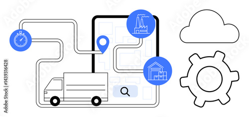 Truck driving along a route marked on a map with factory icons, stopwatch, cloud, and gear. Ideal for logistics, delivery, route planning, supply chain shipping efficiency and technology. Flat