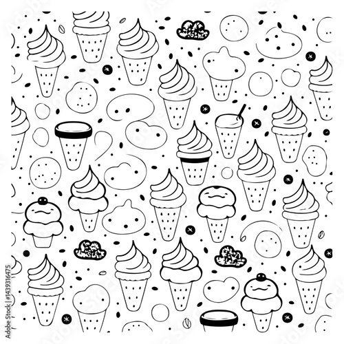 Whimsical ice cream cones and desserts, a playful pattern with hand-drawn style