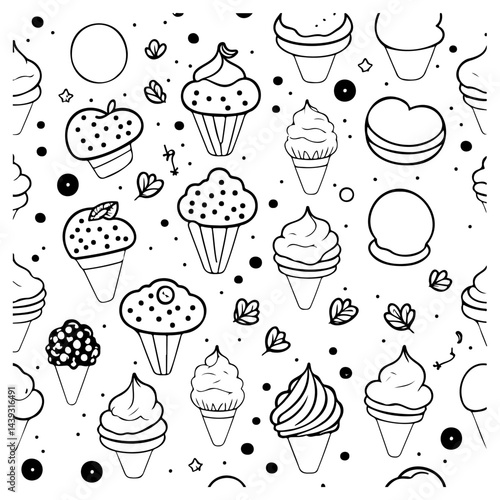 Whimsical monochrome ice cream cone and dessert pattern design illustration