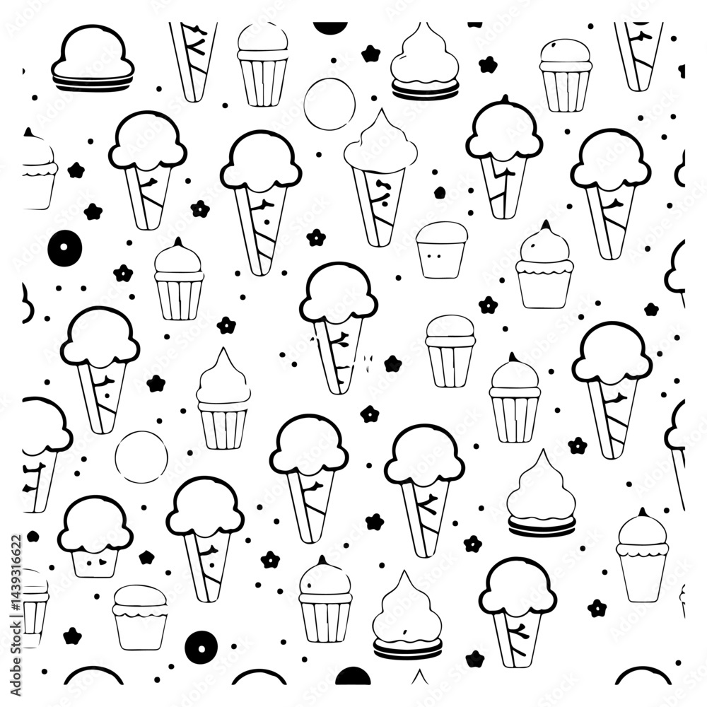 Delightful ice cream and cupcake themed monochrome seamless pattern design Delightful ice cream and cupcake themed monochrome seamless pattern design
