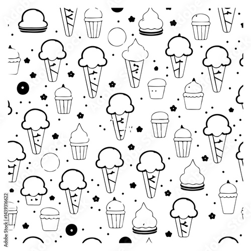 Delightful ice cream and cupcake themed monochrome seamless pattern design