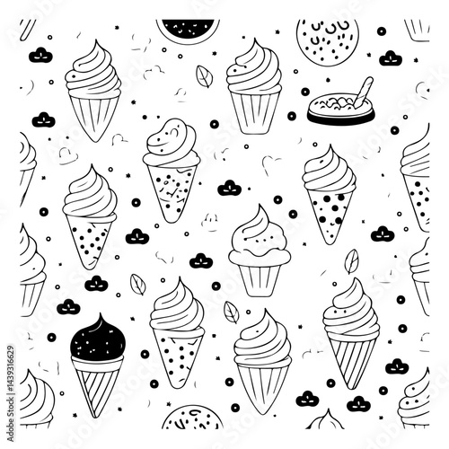 Whimsical dessert pattern with swirling ice cream cones and scattered sweets elements