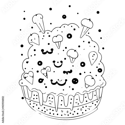 Whimsical confection creation with smiling elements and floating sprinkles design