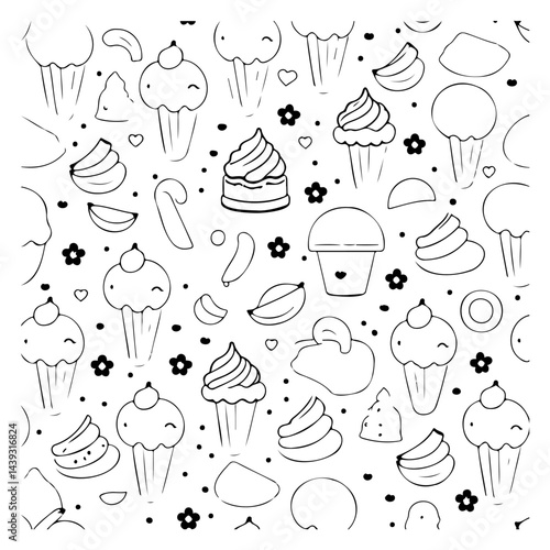 Playful dessert pattern featuring ice cream, candies, and whimsical doodles forming delightful motif