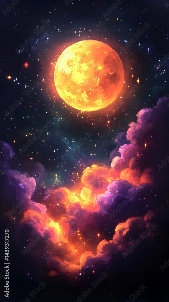Fototapeta premium A celestial view of the luminous moon shining over the colorful clouds and the sparkling stars in the dark night