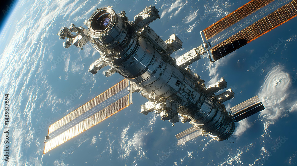 Fototapeta premium A station floats above Earth with solar arrays a hurricane below and white clouds against a blue sky