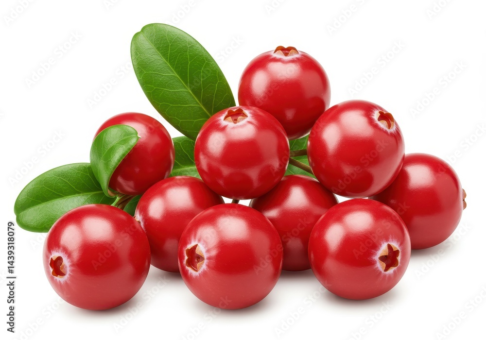 Pile of fresh cranberries with green leaves isolated on white background Pile of fresh cranberries with green leaves isolated on white background