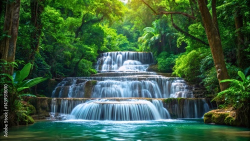 Serene Waterfall Surrounded by Lush Green Forest in Tropical Paradise
