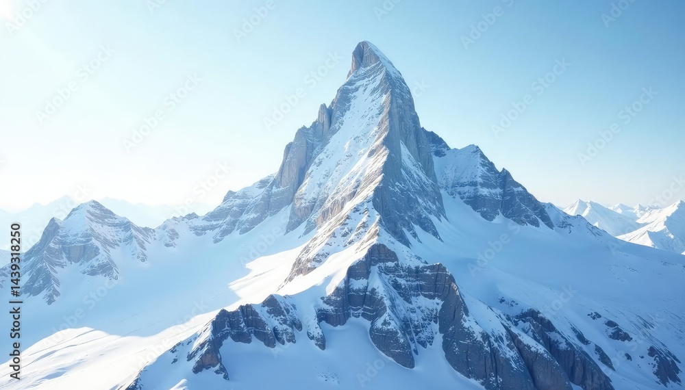 Obraz premium Snow-covered mountain peak against pristine white sky, scenic, cliffs, clean