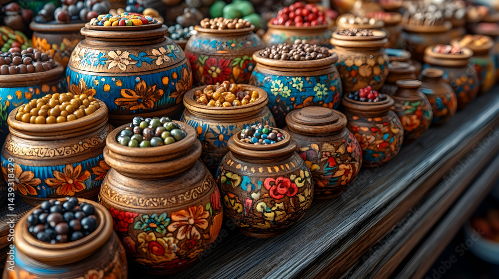 An assortment of wooden pots filled with an array of colorful edible items An assortment of wooden pots filled with an array of colorful edible items