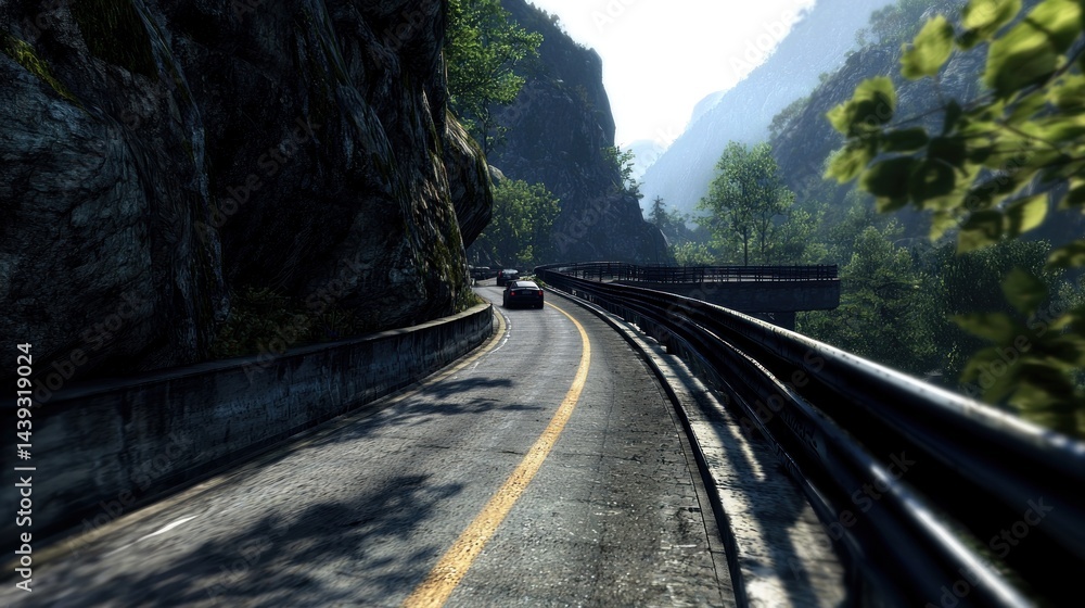 Fototapeta premium Mountain Road Winding Through Gorge with Cars