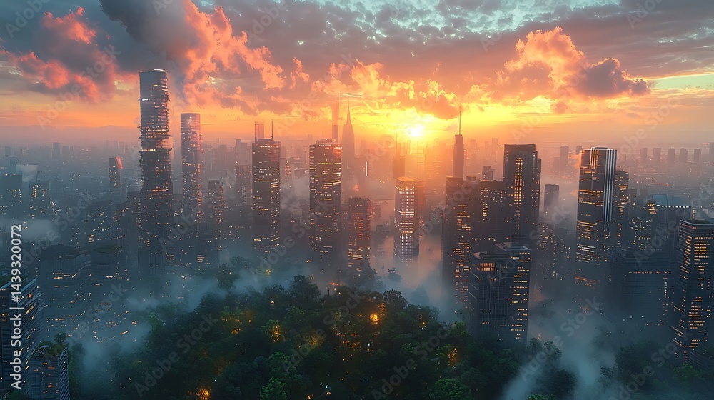 Obraz premium Breathtaking Sunset Over a Modern Cityscape with Cloudy Sky and Greenery in the Foreground