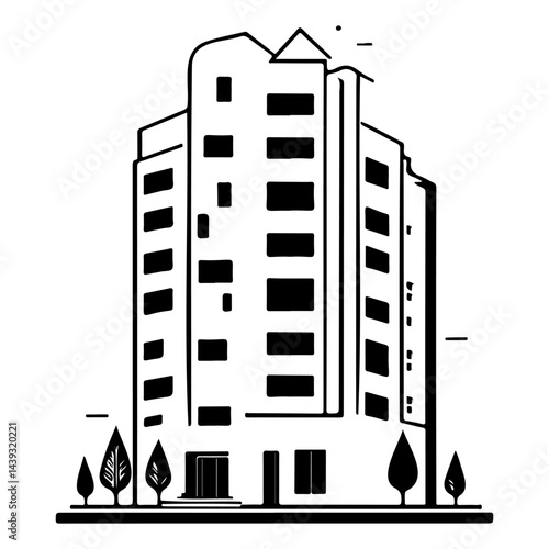 Architectural linework: stylized urban building amidst abstract trees illustration
