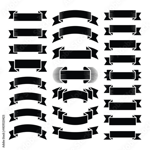 Collection of Black Ribbons, Banners, badges, Labels - Design Elements on white background.