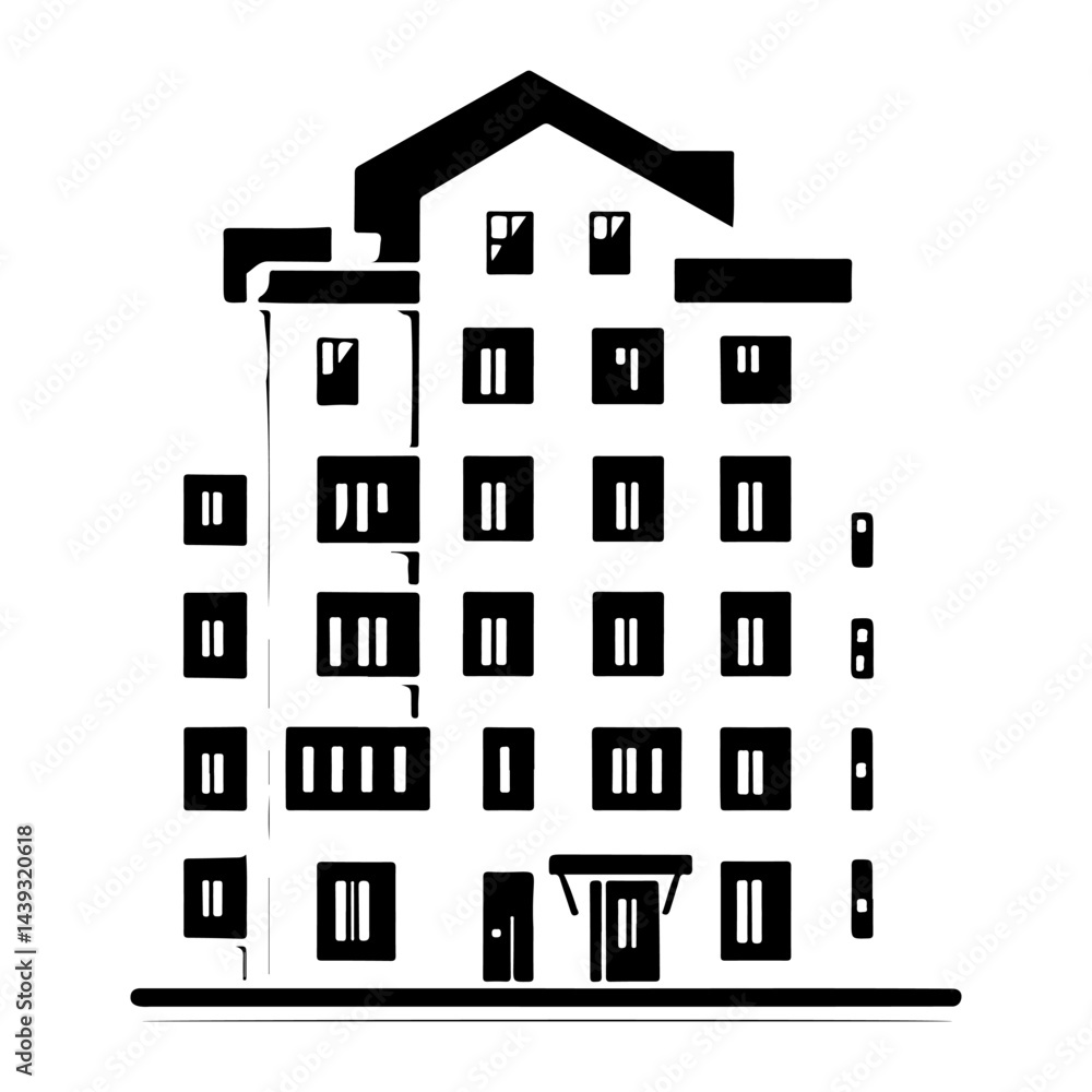 Fototapeta premium Minimalist depiction of a multistory building with distinct architectural elements
