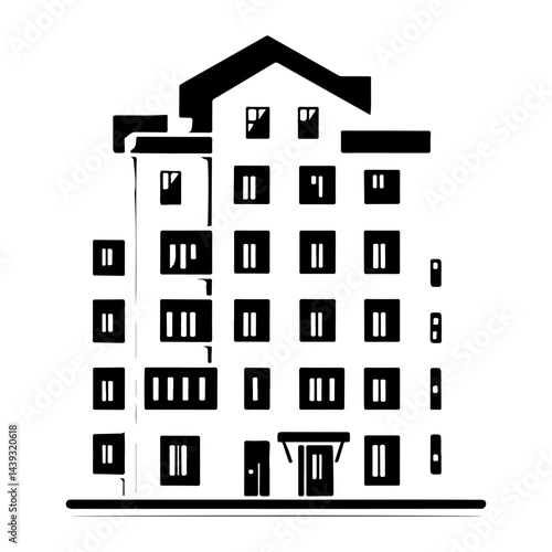 Minimalist depiction of a multistory building with distinct architectural elements