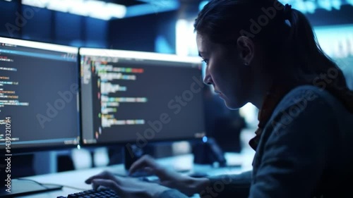 Wallpaper Mural A dedicated programmer works intently at two computer screens displaying lines of code in a sleek, modern office. The atmosphere is tech-focused with blue lighting and a contemporary design. Torontodigital.ca