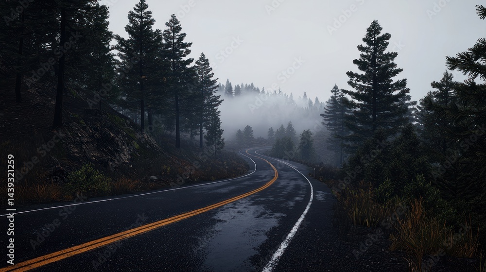 Obraz premium Winding road through misty mountain forest on a rainy day