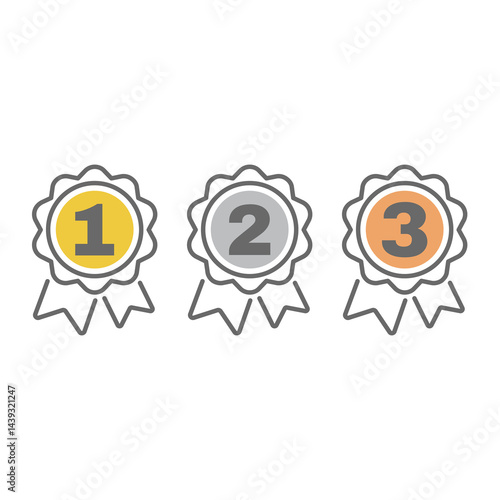 First, second and third place ribbon badge line icons. Gold, silver and bronze medal award icon set. Editable stroke.